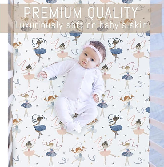 Cream Dancing Girls Baby Crib Sheets for Girls Neutral Little Ballet Dancers Soft Snug Fitted Crib Mattress Covers for 52''x28'' Standard Crib & Toddler Mattress Pad Girly Ballet Dancer Baby Sheets