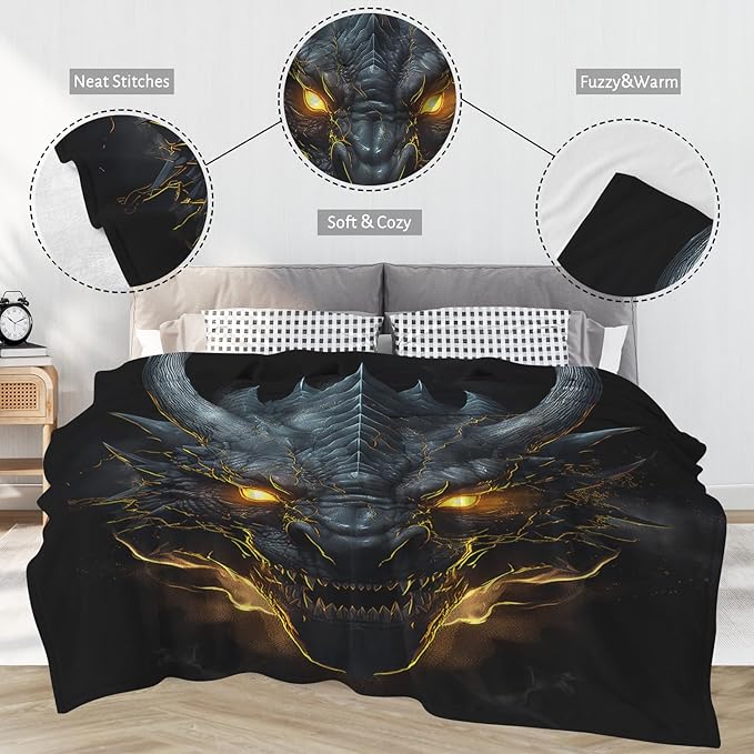 Huke Dragon Gifts Blanket, Cool Black Gold Dragon Blanket, Dragon Gifts for Men/Women/Teens/Kids/Boys/Girls, Plush Dragon Throw Blanket, Gifts for Dragon Lover, Cool Ideas,60"X50"