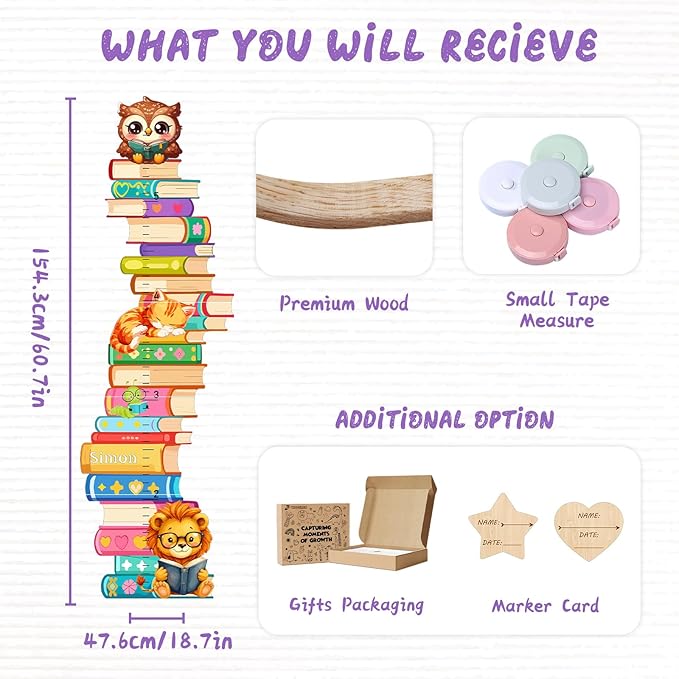 Woodemon Personalized Name Wooden Growth Charts for Kids, Stacks of Book Height Measurement for Wall Girls Boys Teen Room Nursery Decor