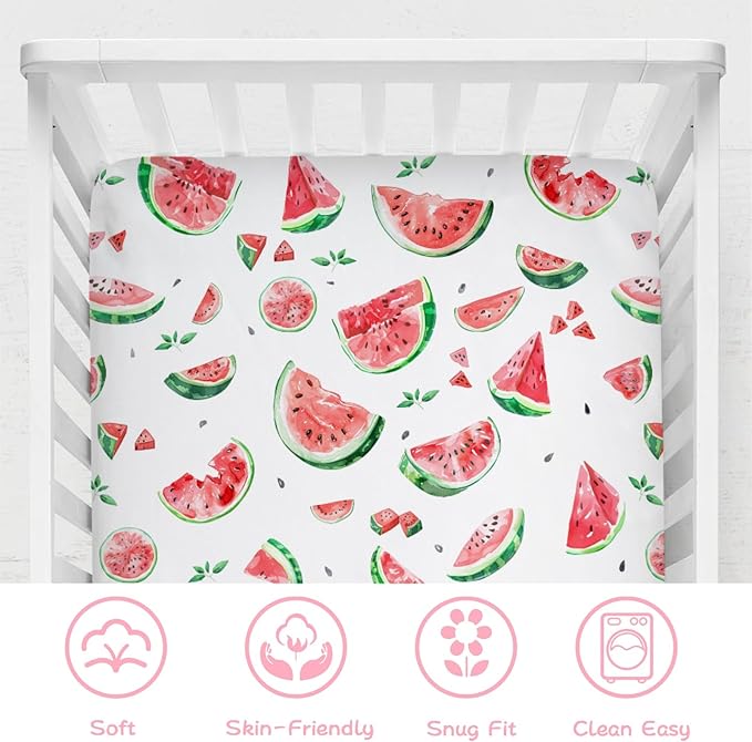 Watercolor Watermelon Baby Crib Sheet 52''x28'' Watermelon Leaves Stretchy Fitted Crib Mattress Cover for Boy Girl Tropical Summer Fruits Soft Nursery Bed Sheet for Standard Crib and Toddler Mattress