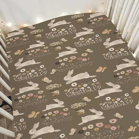 Vintage Hopping Bunnies Baby Crib Sheets for Boy Girl 52x28Inch Retro Rabbits Boho Floral Soft Stretchy Fitted Crib Mattress Cover Spring Easter Baby Sheet for Standard Crib & Toddler Mattresses
