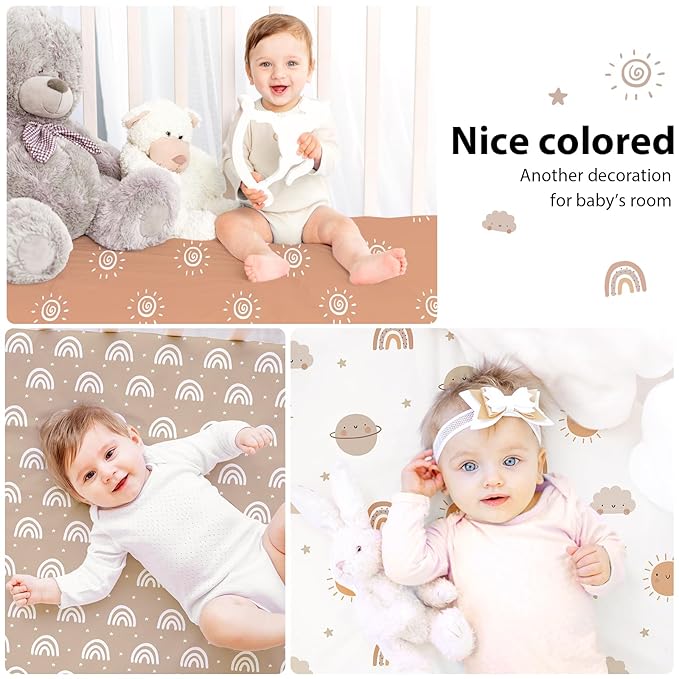 Baby Crib Sheets for Boys and Girls, 3 Pack Fitted Toddler Bed Sheets Neutral for 52”x28” Standard Crib and Toddler Mattresses, Super Soft Microfiber Orange Sun Rainbow