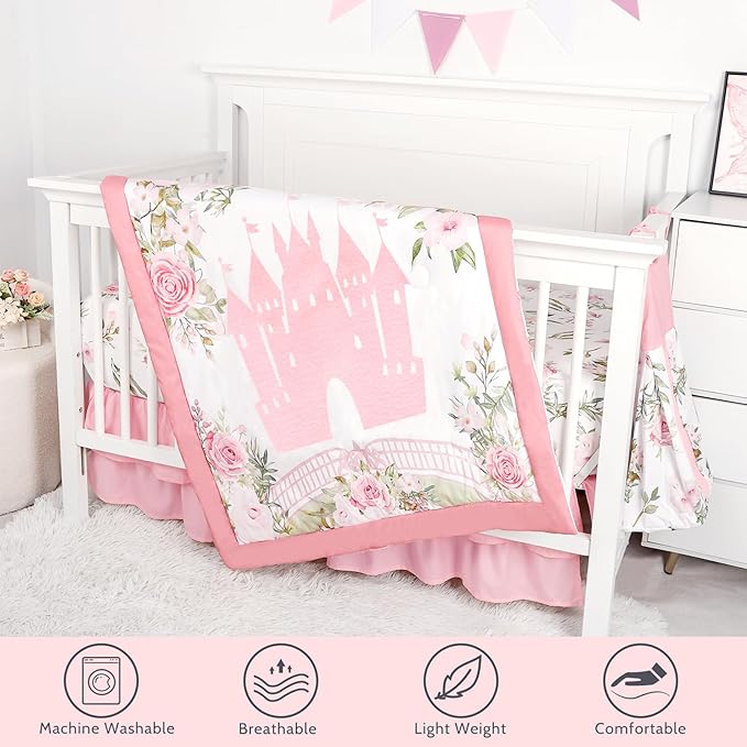 TANOFAR 4-Piece Crib Bedding Set for Baby Girls, Floral Castle Nursery Bedding Set Includes Comforter, Fitted Crib Sheet, Crib Skirt, and Diaper Stacker, Pink