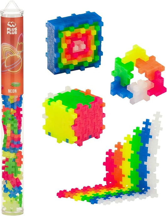Plus Plus 70 Piece Interlocking Building Blocks for Kids, Open Ended Connecting Toys, Stem Bin Classroom Mini Manipulatives - Neon Mix Play Tube