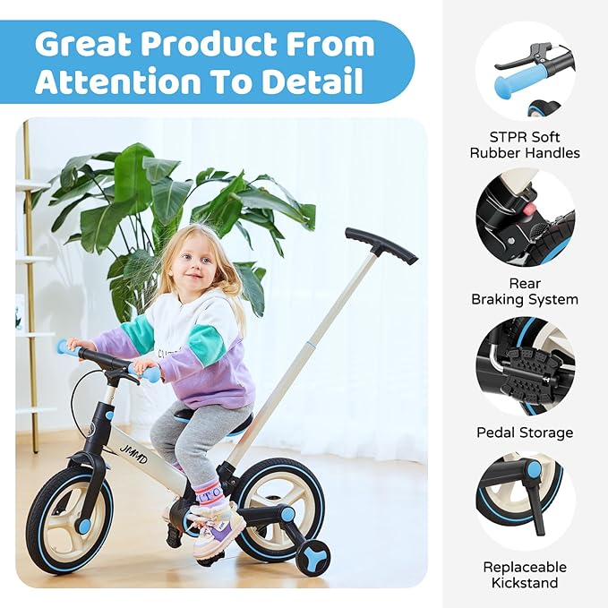 JMMD 6 in 1 Toddler Bike with Push Handle for Kids 18-60 Months, 12" Foldable Balance Bike with Training Wheels, Pedals, Brakes, Kickstand, Push Tricycle Toddler Gift & Toys for Boy & Girl