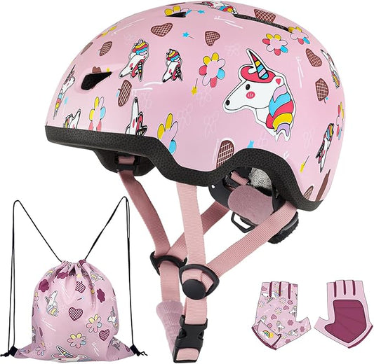 Toddler Bike Helmet with Gloves and Backpack Set, 3 Sizes for Baby Infant to Kids Ages 1-3 3-5 5-8+, Adjustable Boys Girls Bike Helmet for Bicycle/Scooter/Skateboard/Roller Skate