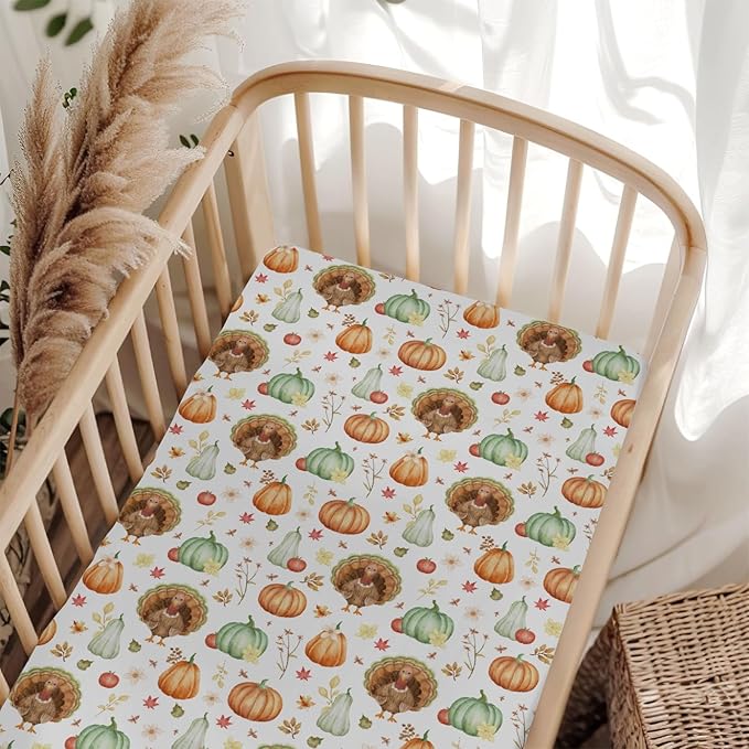 Thanksgiving Turkey Pumpkins Baby Crib Sheets for Boy Girl 52"x28" Autumn Maple Leaves Soft Stretchy Fitted Crib Mattress Cover Fall Harvest Baby Sheet for Standard Crib and Toddler Bed Mattress
