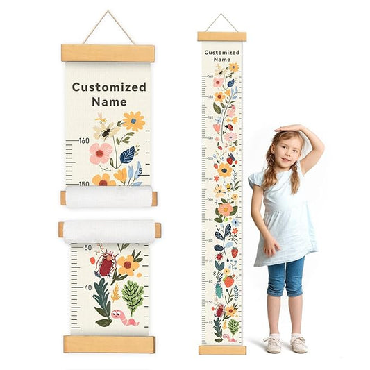Woodemon Personalized Name Growth Chart for Kids, Flower Canvas Height Chart Ruler Removable Hanging Wall Ruler Measurement Chart for Home Decoration, Waterproof Measuring Board, Foldable