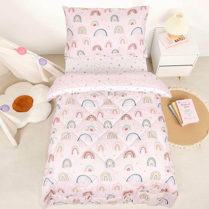 Toddler Bedding Set for Girls, 4 Piece Toddler Girl Bedding Set, Super Soft & Lightweight Pink Toddler Comforter Set Includes Comforter, Flat Sheet, Fitted Sheet, Pillowcase (Rainbow)