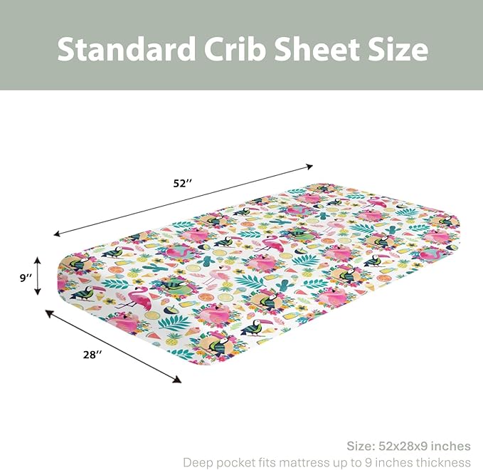 Pink Flamingo Toucan Tropical Fruits Baby Crib Sheets for Boy Girl 52"x28" Colorful Summer Birds Leaves Soft Snug Fitted Crib Mattress Cover Hawaiian Baby Sheet for Standard Crib & Toddler Mattress