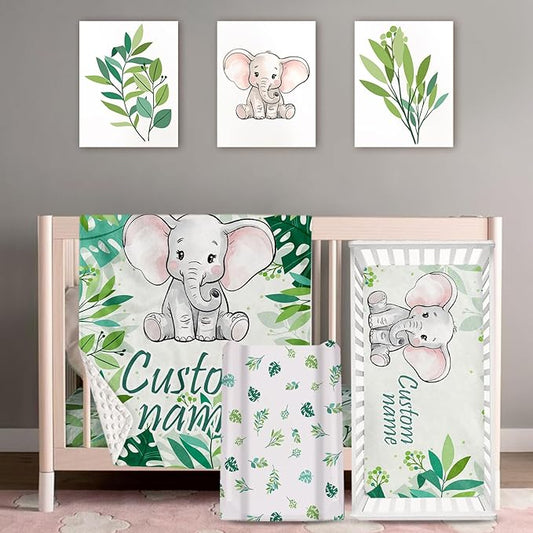 Personalized Baby Crib Bedding Set: 4 Piece Custom Gift Crib Bed Set with Name - Green Elephant Design, Nursery Bedding Set for Baby Girls,Newborn Girls Crib Sets, Crib Bedding Shower Gifts