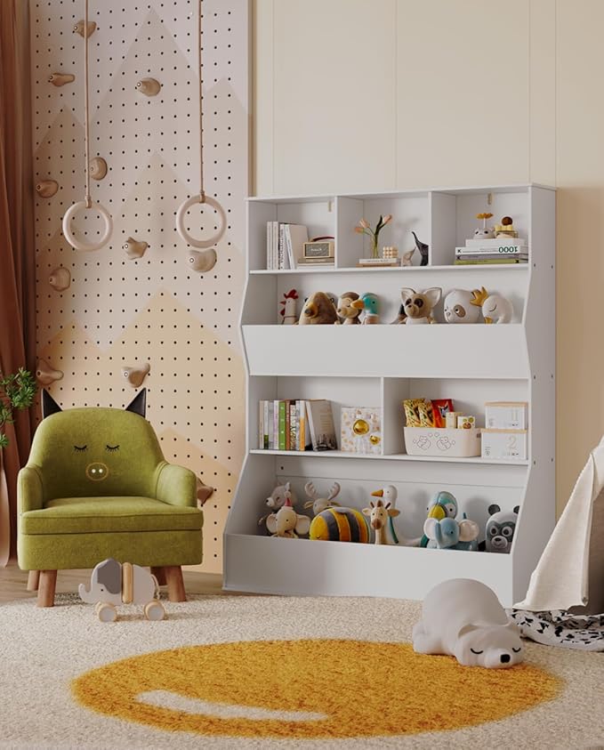 Arlopu Kids Bookshelf & Toy Storage Organizer, 4 Tier Wooden Cabinet with Open Design, Toddler-Friendly Bookcase for Playroom, Nursery, Classroom, Kindergarten (White)