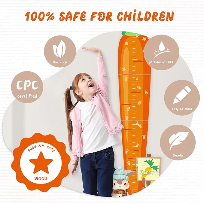 Woodemon Personalized Child Growth Charts,Rabbits and Carrots Wooden Kids Height Wall Chart, Height Measurement for Wall Kids Room Nursery Decor