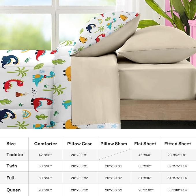Nesker 4 Pcs Comforter Set Toddler Size, Cute Cartoon Dinosaur Bedding for Kids Teen, Colorful Dino Bed Sheet with Pillowcase & Sham