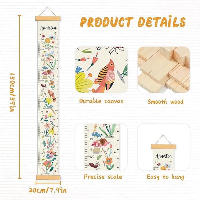 Woodemon Personalized Name Growth Chart for Wall, Flower Birds Canvas Height Chart for Kids Baby Child Toddler Boys Girls, Canvas&Wood Growth Chart for Wall Room Nursery Decor,Easy Care
