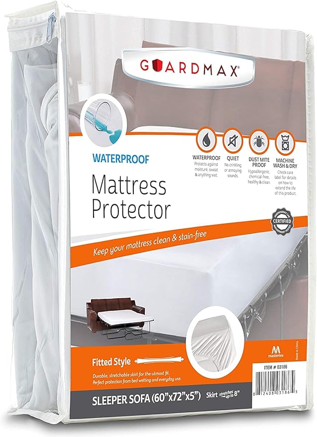 Guardmax Jersey Knitted Sleeper Sofa Size Mattress Protector - Waterproof & Dust Mite Proof Mattress Cover with Stretchable Pockets - Soft, Comfortable, & Noiseless Waterproof Fitted Sheet (60x72x5)