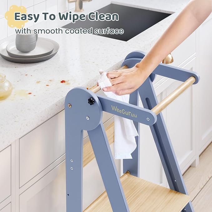 WeeGuruu Toddler Step Stool, Wooden Fold-able Standing Tower Kitchen Helper for Countertop, Bathroom, Montessori Kids Stool with Height Adjustable Platform for Ages 18 Mons to 6 Years Learning Skills