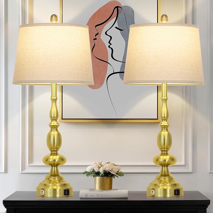 29" Modern Table Lamps Set of 2, Gold Touch Control 3-Way Dimmable Bedside Lamp with USB C+A Ports, Industrial Metal Farmhouse Nightstand Lamps for Living Room Bedroom End Tables(2 LED Bulbs Included)