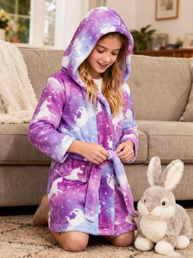SANGTREE Boys Girls Robe Fleece Hooded Soft Toddler Bathrobe Cute Boys Bathrobe Fuzzy Plush Robes for Kids, 2-12 Years