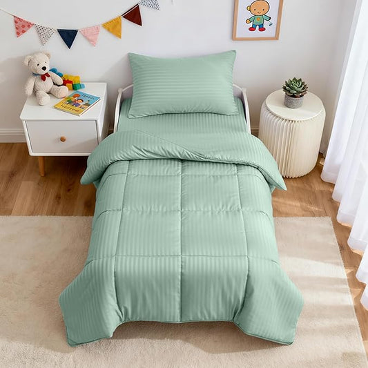 ZPECC Toddler Bedding Set - 4 Piece Hypoallergenic Baby Crib Bedding Set for Boys and Girls, Includes Toddler Comforter, Flat Sheet, Fitted Sheet and Pillowcase, Green Stripe