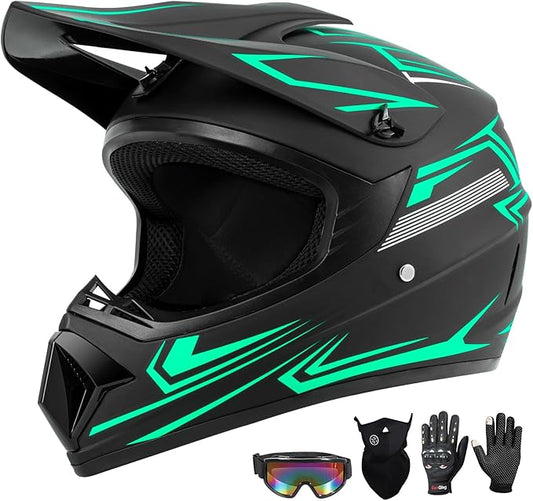 Youth Kids Dirt Bike Motocross Helmet (Goggles Gloves Face Mask) 4PCS Set, DOT Approved Boys Girls Full Face Motorcycle Helmets, ATV BMX MX Mountain Bike Off Road Kid Helmet (Green, L)