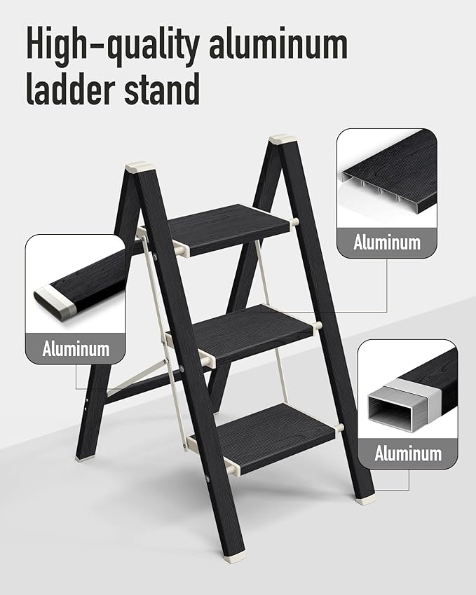 Mayi Plus 3 Step Ladder,Aluminum Folding Step Stool for Adults,Step Ladder with Wide Anti-Slip Pedal,330 lbs Capacity for Home,Kitchen,Library,Office(Ebony Woodgrain)