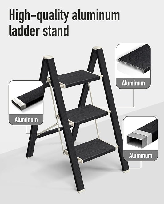 Mayi Plus 3 Step Ladder,Aluminum Folding Step Stool for Adults,Step Ladder with Wide Anti-Slip Pedal,330 lbs Capacity for Home,Kitchen,Library,Office(Ebony Woodgrain)