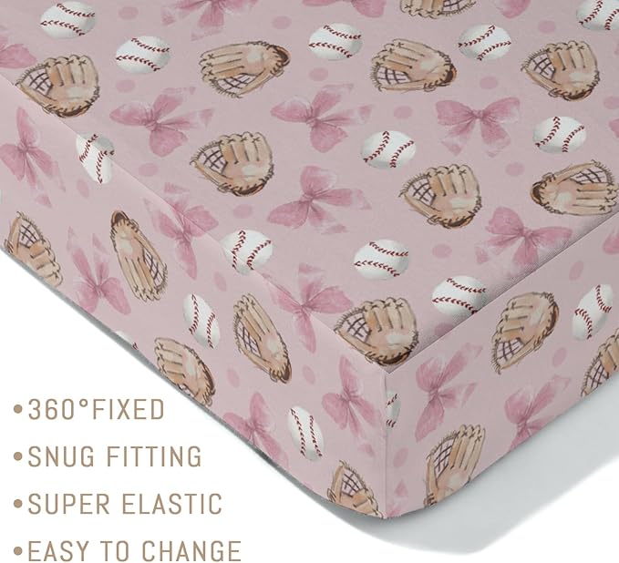 Pastel Pink Baseball Bows Baby Crib Sheets for Boys Girls Watercolor Girly Baseball Soft Snug Fitted Crib Mattress Covers for 52''x28'' Standard Crib & Toddler Mattresses Outdoor Sports Bed Sheets