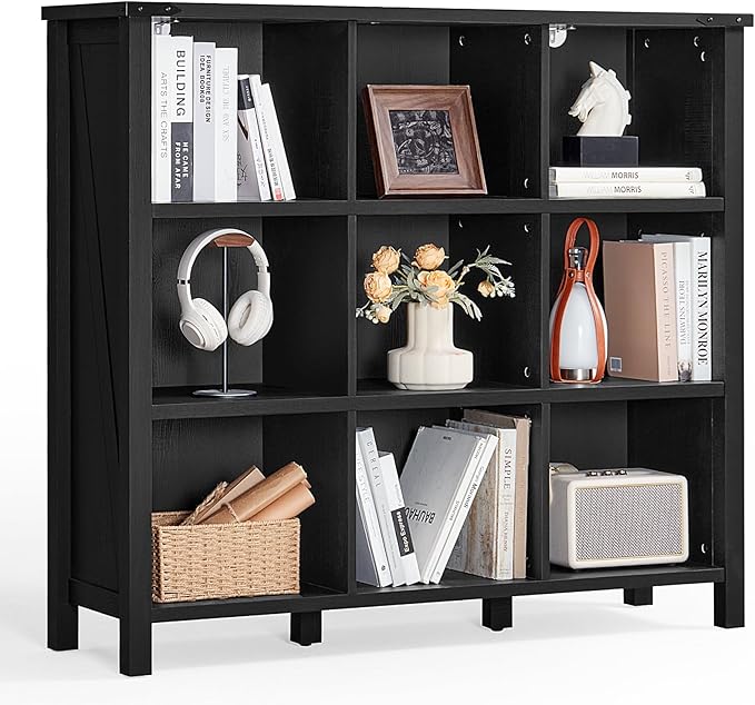 Joaxswe 9 Cube Bookcase, Farmhouse 47 Inch Wide Black Bookshelf, Wooden 3 Tier Display Large Open Book Shelf, Vintage Horizontal Book Case for Home Office, Cubby Storage Cabinet for Living Room