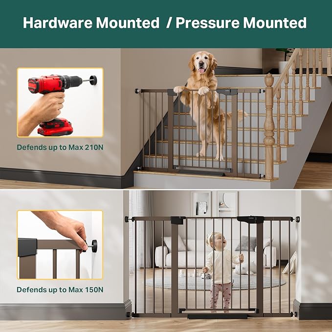 Cumbor 29.7"–51.5" Extra Wide Baby Gate for Stairs, Pressure-Mounted Dog Gates for Doorways & Hallways, Auto-Close Walk-Through, No-Trip Design, Child Proof Safety, Dog/Pet Gate for Indoor Use, Brown