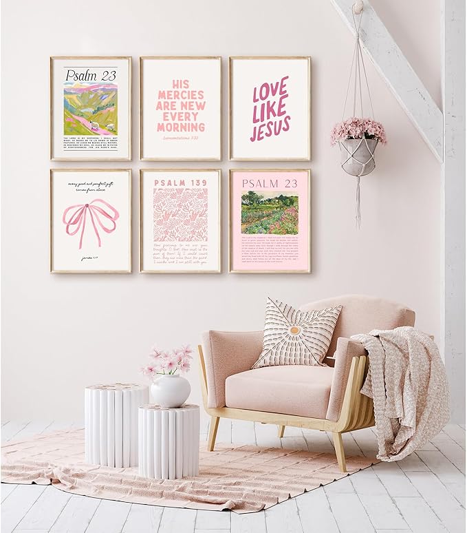Christian Wall Art Pink Bible Verse Canvas Wall Decor Trendy Preppy Room Poster Cute Girls Scripture Pictures Decor Floral Bow Religious Prints Nursery Artwork for Bedroom 12x16x6 Inch Unframed