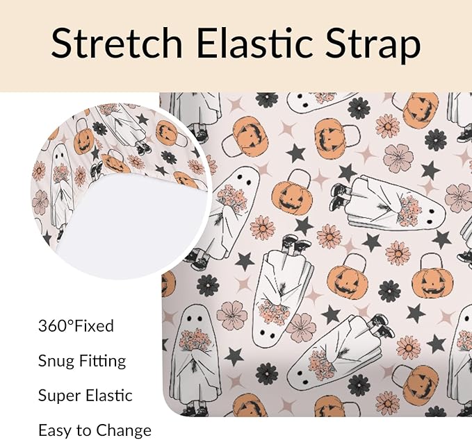 Boho Floral Halloween Pumpkin Spooky Baby Crib Sheets Sweet Gothic Soft Baby Sheets Spooky Season Fitted Crib Mattress Cover for Standard Crib and Toddler Mattress 52"x28"