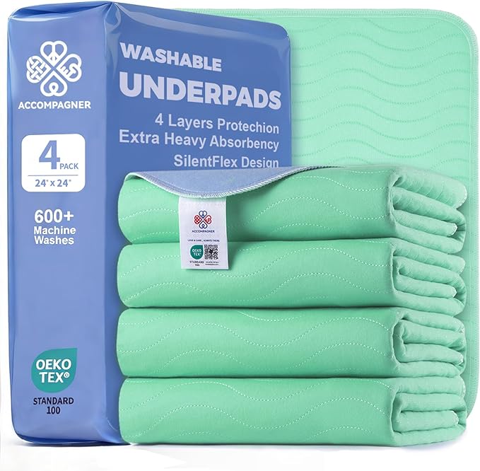 Accompagner Waterproof Reusable for Adults and Pets Washable Pee Pads for Dogs Changing Pad Large Dog Bed Size Adults Incontinence Bed Pads - Non-Slip Leak-Proof (Green, 4Pack-24" x24")