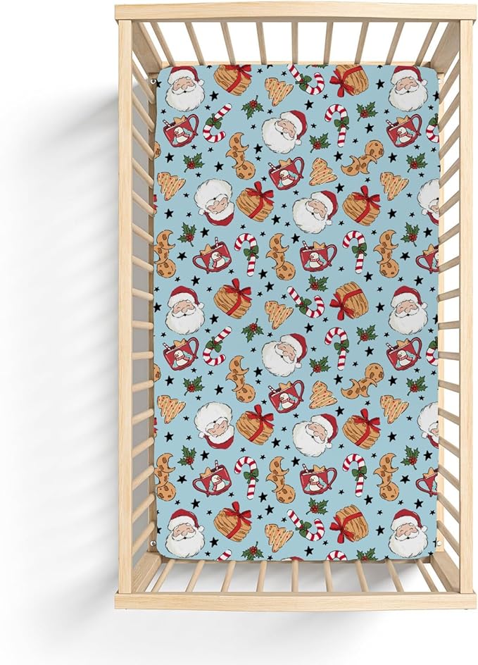 Sweet Christmas Blue Baby Crib Sheets for Boy Girl 52x28 Santa Claus Cherry Fir Candy Soft Snug Fitted Crib Mattress Cover Winter Holiday Festival Baby Sheet for Standard Crib & Toddler Bed Mattress