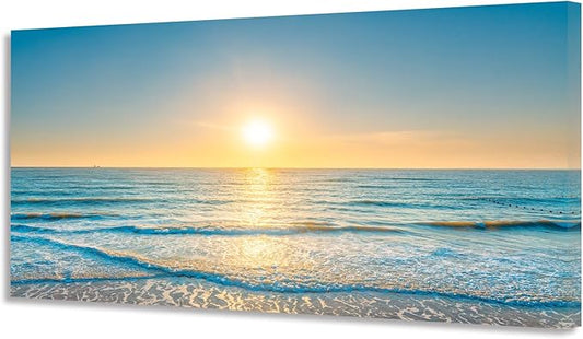 KUNHAAH Wall Art Canvas Painting Blue Sea Beautiful Seascape 1 Piece Ocean Sunset Waves Picture Poster Print Framed Ready to Hang for Living Room Bedroom Artework 71x36inch