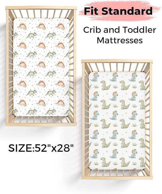 Crib Sheets for Boys and Girls, 2 Pack Fitted Baby Sheets for Standard Toddler Mattress 28" x 52", Soft Breathable Jersey Knit Baby Bedding (Tiny Dinos)