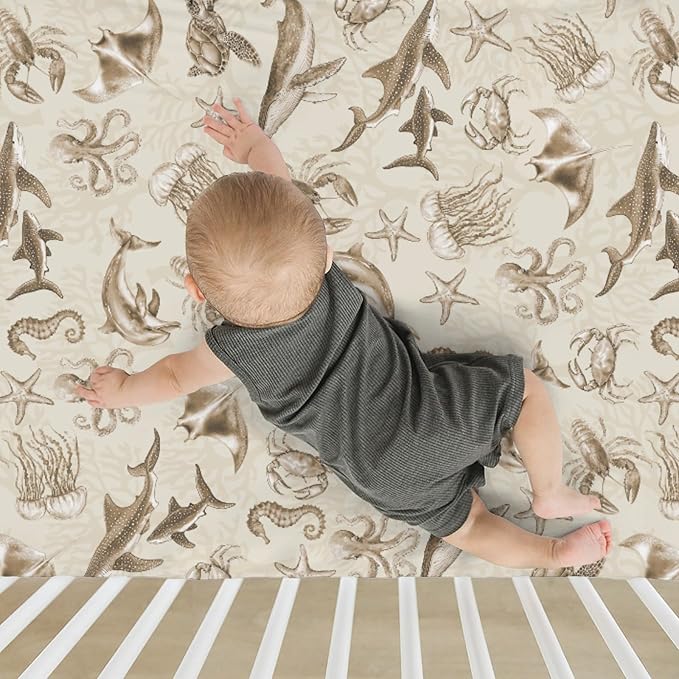 Retro Marine Animals Baby Crib Sheets Boy Girl 28"x52" Whale Dolphin Jellyfish Sea Horse Turtle Coral Soft Snug Fitted Crib Mattress Cover Ocean Animal Baby Sheet for Standard Crib & Toddler Mattress