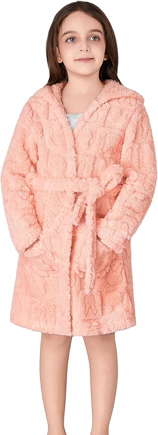 Topgal Leopard Cat Robe for Girls Fleece Toddler Kids Teen Hooded Bathrobe Size 4T-18
