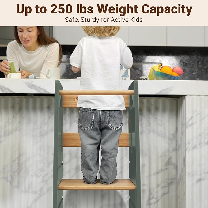 COSYLAND 3 Levels Adjustable Toddler Standing Tower - 33.5IN/85CM Stable Kids Kitchen Step Stool with Protective Crossbar - Wooden Toddler Kitchen Stool Helper(Green & Natural)