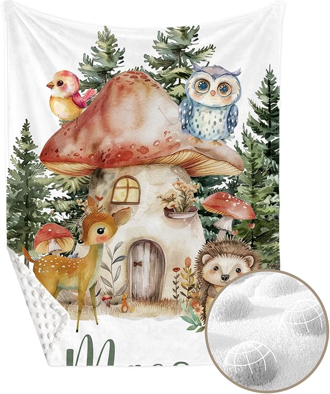 Personalized Baby Crib Bedding Set, Custom Name Mushroom House Baby Bedding 2-Pcs Set - Soft Double Layer Dotted Blanket and Fitted Sheet, Nursery Bedding for Newborn Boys Girls, Perfect Shower Gift