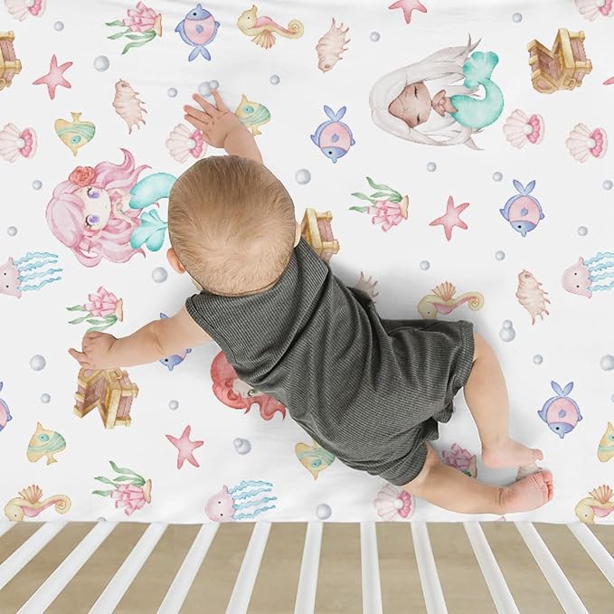 Cute Mermaids Baby Crib Sheets for Boy Girl 28"x52" Mystical Mermaids Fishes Sea Horse Jellyfish Soft Snug Fitted Crib Mattress Cover Ocean Animals Baby Sheet for Standard Crib & Toddler Bed Mattress
