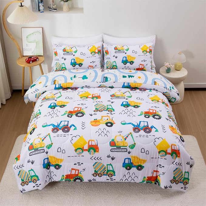 NTBED 5 Pieces Construction Truck Full Comforter Set for Boys Kids Colorful Painting Vehicles Excavator Lightweight Microfiber Bedding Sets