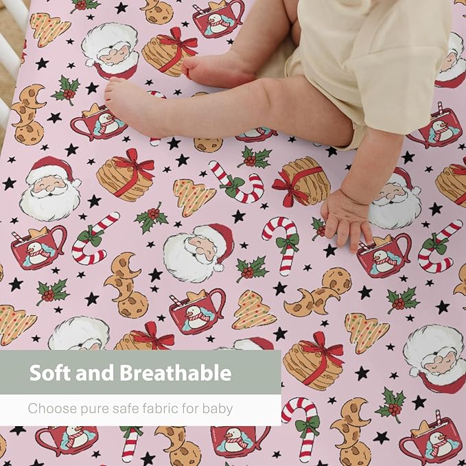 Sweet Christmas Pink Baby Crib Sheets for Boy Girl 52x28 Santa Claus Cherry Fir Candy Soft Snug Fitted Crib Mattress Cover Winter Holiday Festival Baby Sheet for Standard Crib & Toddler Bed Mattress