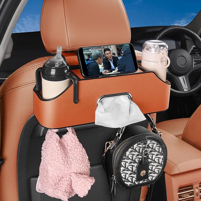 HALOYIVGO Car Seat Back Organizer - Stylish & Functional Storage for Family Adventures - Cup Holders, Tissue Box & Hooks - Perfect for Kids, Road Trips & Travel (Orange)