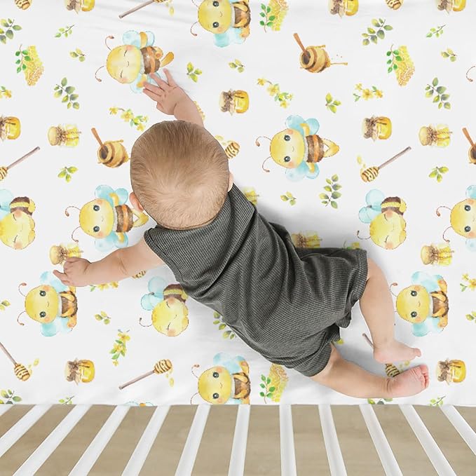 Bee Honey Baby Crib Sheets for Boy Girl 52"x28" Cute Bees Honeycomb Floral Leaves Soft Snug Fitted Crib Mattress Cover Summer Spring Garden Baby Sheet for Standard Crib & Toddler Bed Mattress