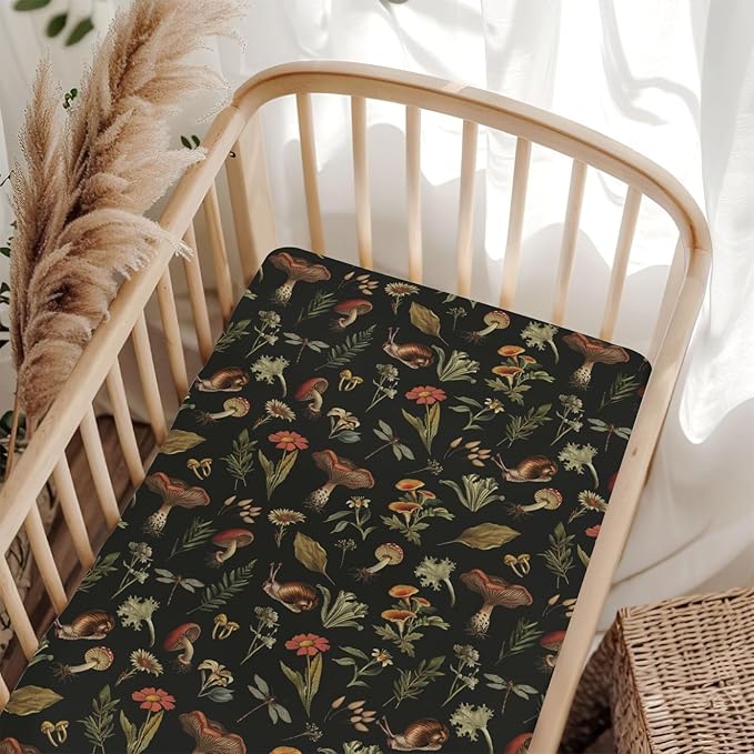 Fairytale Mushroom Baby Crib Sheets for Boy Girl 52x28Inch Retro Mushrooms Floral Leaves Soft Snug Fitted Crib Mattress Cover Magical Plant Baby Sheet for Standard Crib & Toddler Bed Mattress