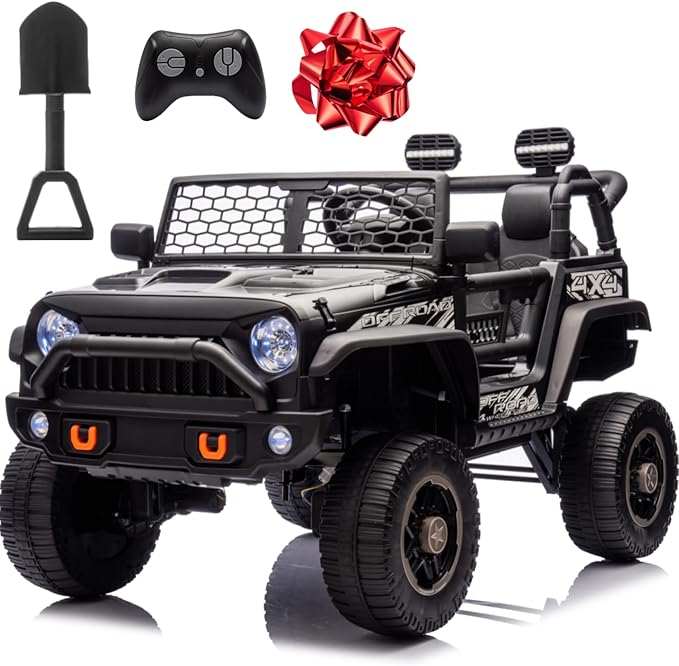 24V Ride On Toys for Big Kids, MOEYURO 2 Seater Ride on Cars with 4WD/2WD Switchable, 20'' Wide Seat, Ride on Truck w/Remote Control, 4-Wheeler Suspension, Power Car Wheelers for Kid Boys Girls, Black