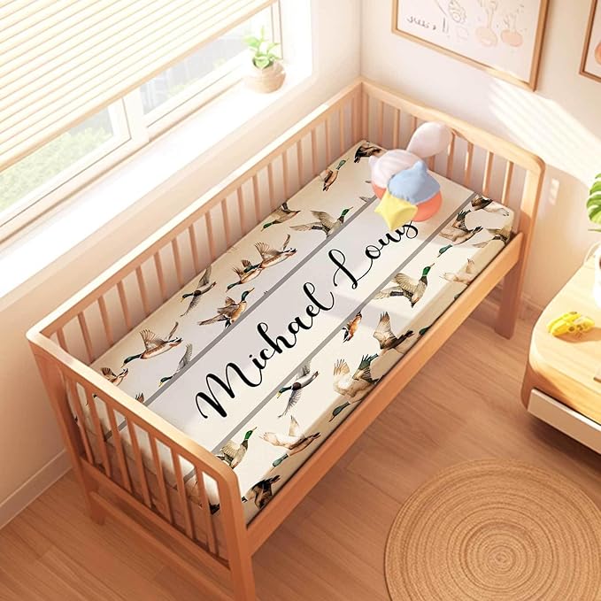 Personalized Wild Duck Baby Crib Bedding Set – Custom Name 3-Piece Nursery Bedding for Boys & Girls, Soft Blanket, Fitted Crib Sheet & Pillowcase, Newborn Toddler Bedding Gift