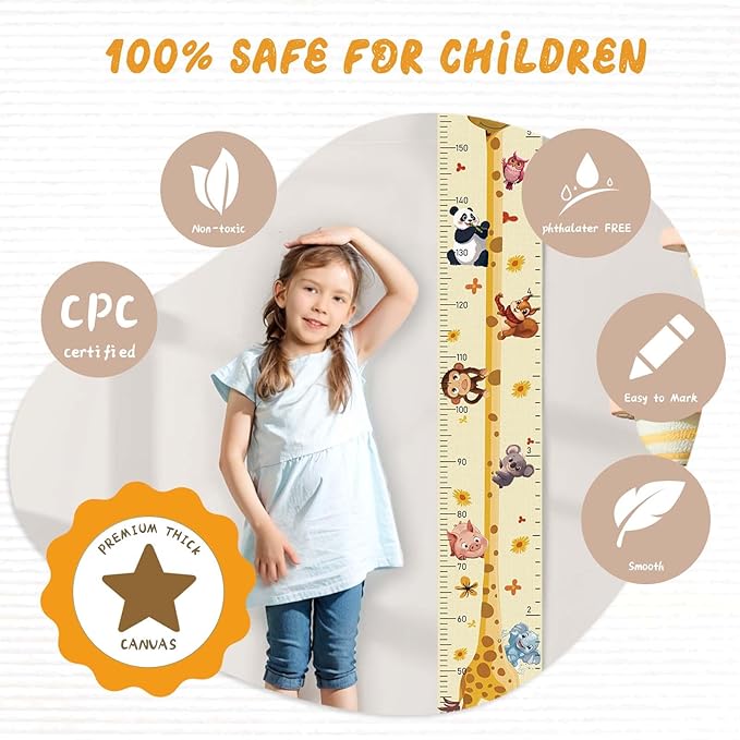 Woodemon Customize Name Growth Chart Wall, Funny Giraffe Premium Canvas Removable Height Chart for Kids, Height Measurement for Wall, Unisex Kids Room Wall Decor, Measuring Height Charts