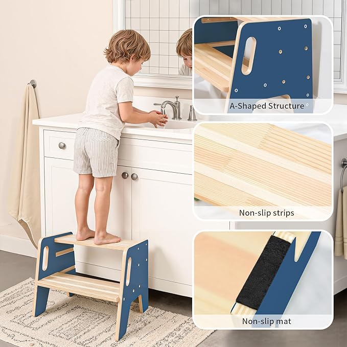 Wingyz Toddler Step Stool,Height-Adjustable Wooden Step stools for Kids with Handles,2 Stepstool for Toddlers,Bathroom Sink, Kitchen, Bedroom,Potty Training